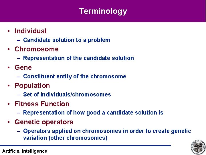 Terminology • Individual – Candidate solution to a problem • Chromosome – Representation of