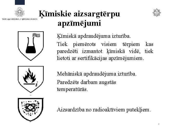 Ķīmiskie aizsargtērpu apzīmējumi Ķīmiskā apdraudējuma izturība. Tiek piemērots visiem tērpiem kas paredzēti izmantot ķīmiskā