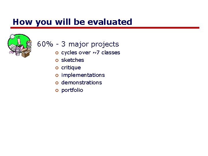 How you will be evaluated 60% - 3 major projects o o o cycles How you will be evaluated 60% - 3 major projects o o o cycles