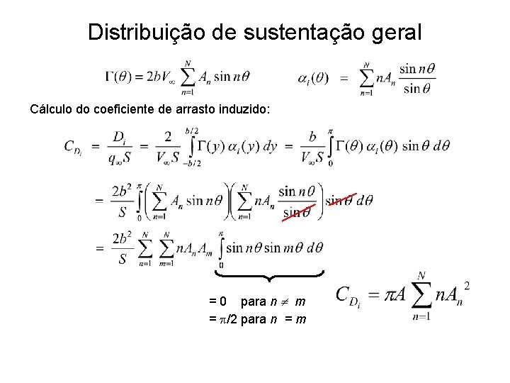 Distribuição de sustentação geral Cálculo do coeficiente de arrasto induzido: = 0 para n