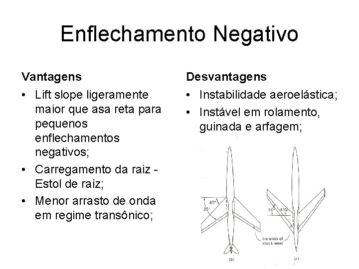 Enflechamento Negativo Vantagens Desvantagens • Lift slope ligeramente maior que asa reta para pequenos