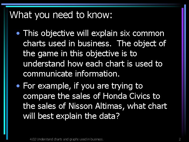 What you need to know: • This objective will explain six common charts used