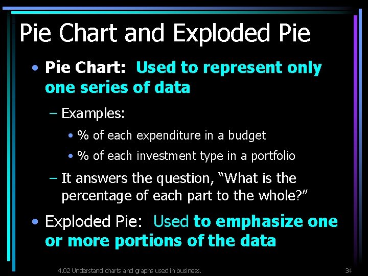 Pie Chart and Exploded Pie • Pie Chart: Used to represent only one series