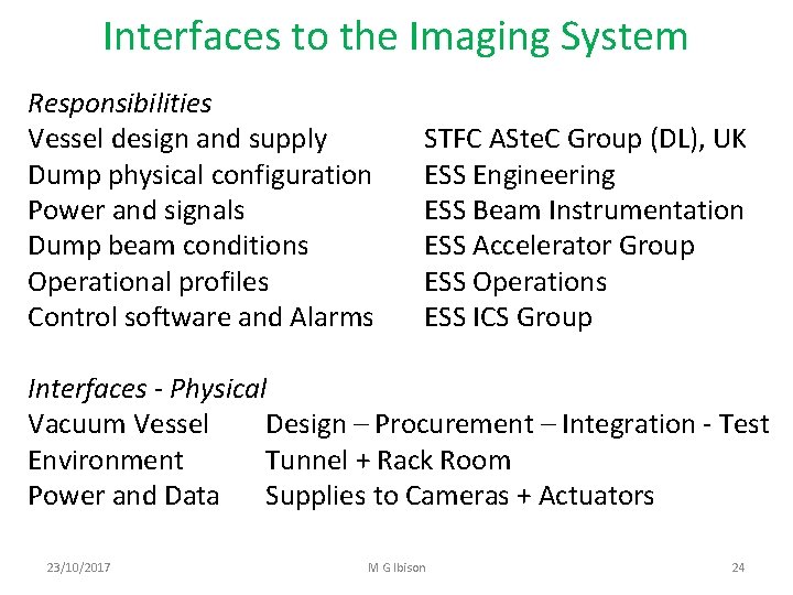 Interfaces to the Imaging System Responsibilities Vessel design and supply Dump physical configuration Power