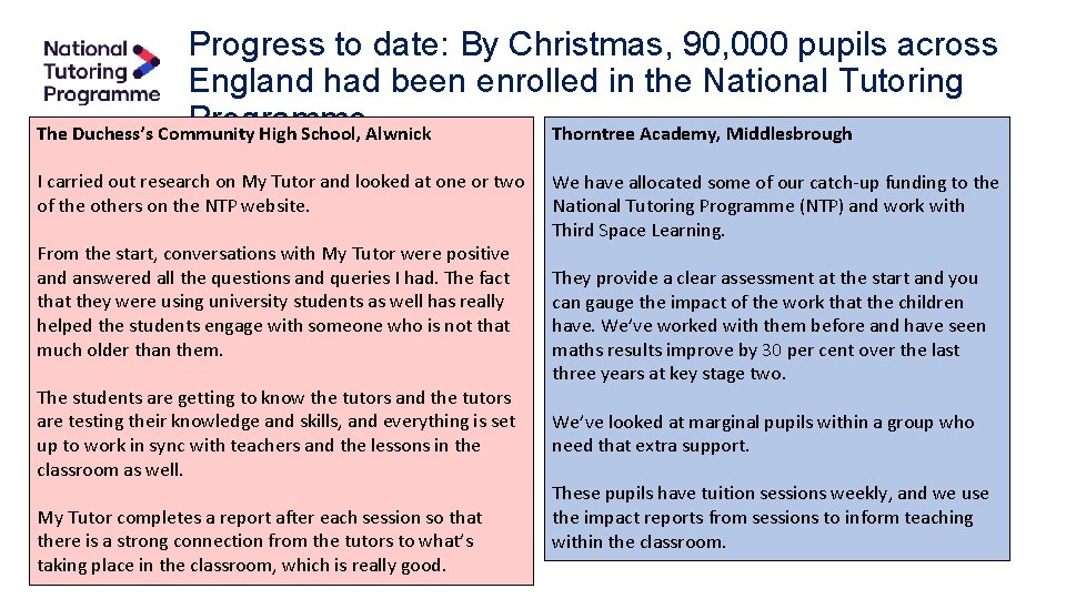 Progress to date: By Christmas, 90, 000 pupils across England had been enrolled in