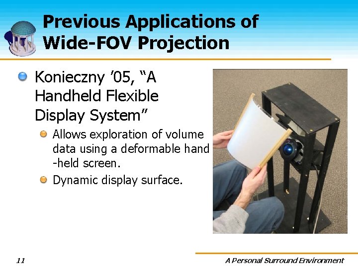 Previous Applications of Wide-FOV Projection Konieczny ’ 05, “A Handheld Flexible Display System” Allows