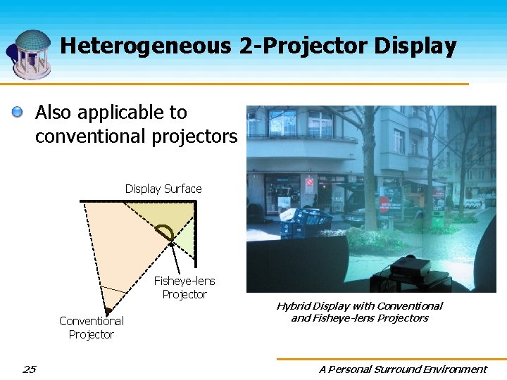 Heterogeneous 2 -Projector Display Also applicable to conventional projectors Display Surface Fisheye-lens Projector Conventional