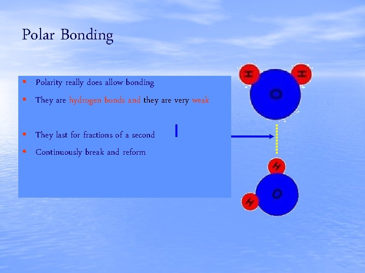 Polar Bonding • Polarity really does allow bonding • They are hydrogen bonds and