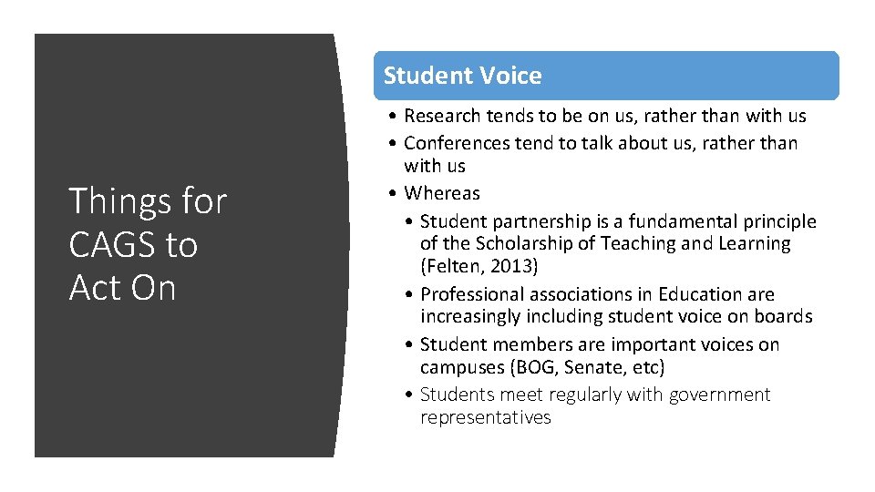 Student Voice Things for CAGS to Act On • Research tends to be on