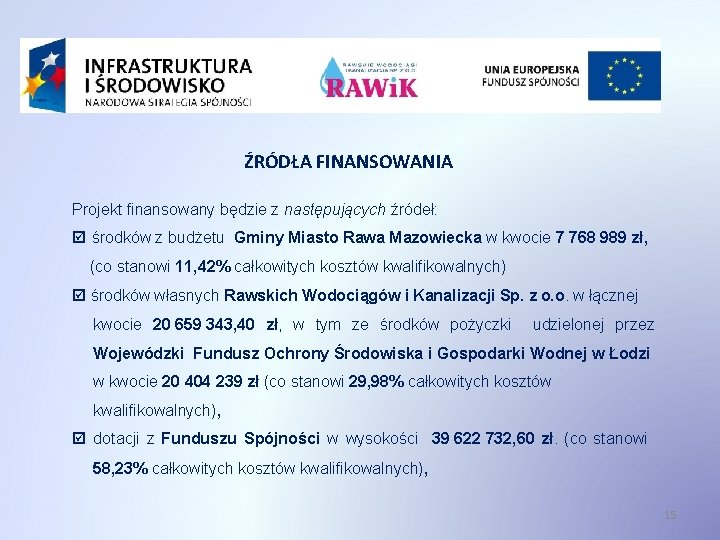 ŹRÓDŁA FINANSOWANIA Projekt finansowany będzie z następujących źródeł: środków z budżetu Gminy Miasto Rawa