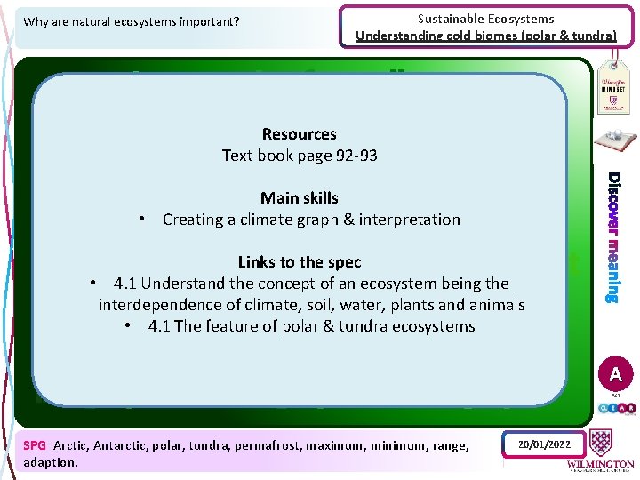 Why are natural ecosystems important? Sustainable Ecosystems Understanding cold biomes (polar & tundra) Resources