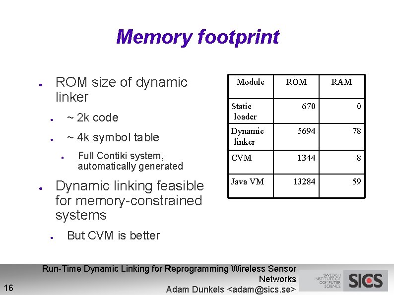 Memory footprint ROM size of dynamic linker ● ● ● 16 ROM RAM ~
