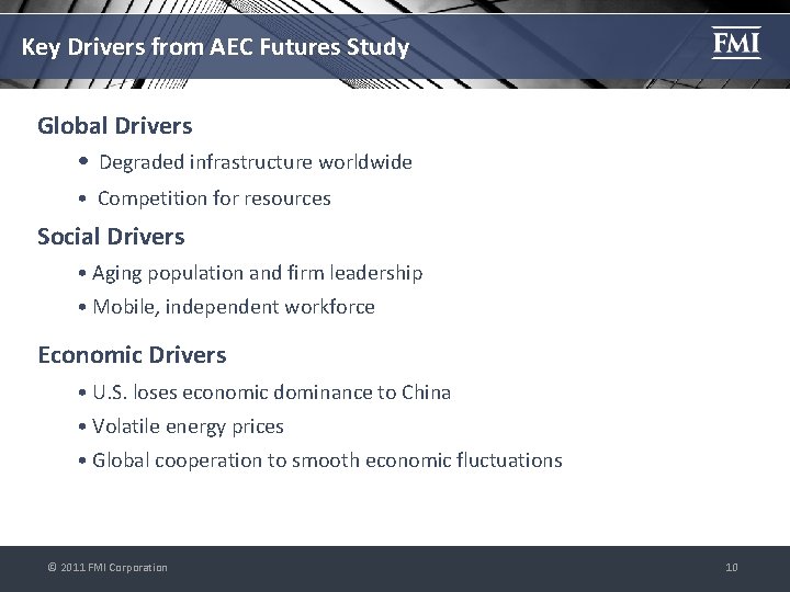 Key Drivers from AEC Futures Study Global Drivers • Degraded infrastructure worldwide • Competition