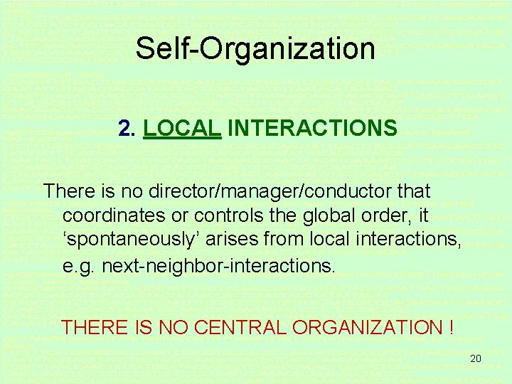 Self-Organization 2. LOCAL INTERACTIONS There is no director/manager/conductor that coordinates or controls the global