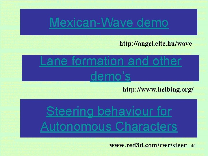 Mexican-Wave demo http: //angel. elte. hu/wave Lane formation and other demo’s http: //www. helbing.