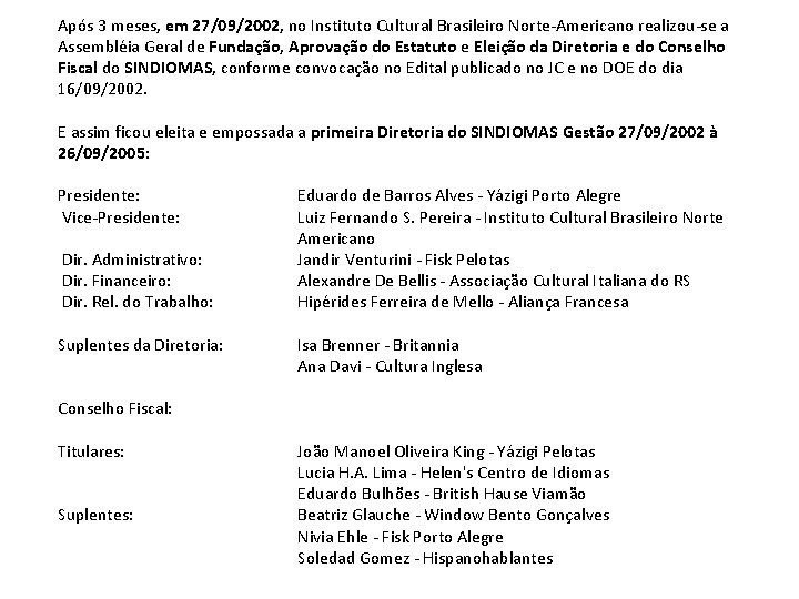 Após 3 meses, em 27/09/2002, no Instituto Cultural Brasileiro Norte-Americano realizou-se a Assembléia Geral