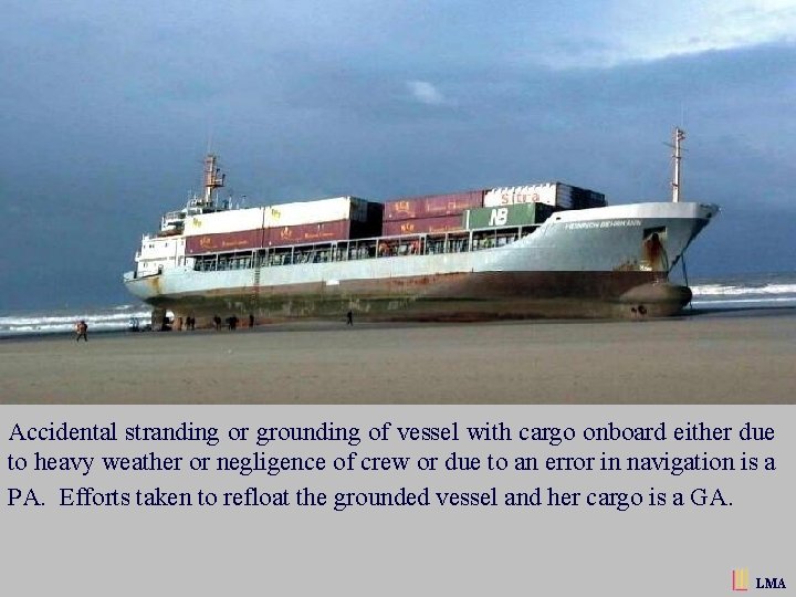 Accidental stranding or grounding of vessel with cargo onboard either due to heavy weather