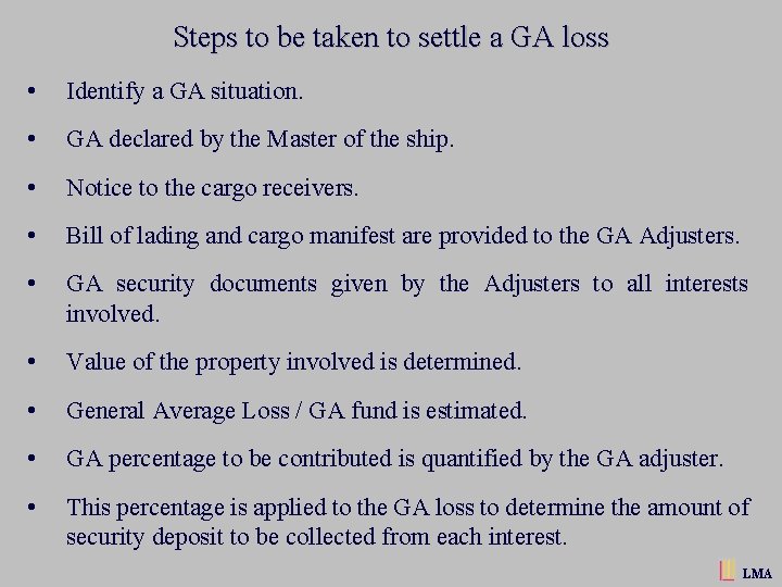 Steps to be taken to settle a GA loss • Identify a GA situation.