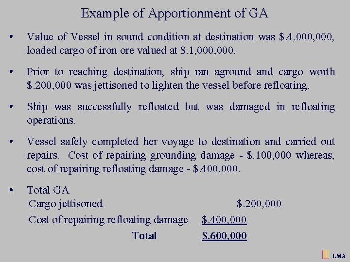 Example of Apportionment of GA • Value of Vessel in sound condition at destination