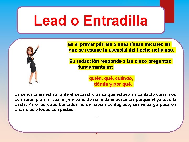 Lead o Entradilla Es el primer párrafo o unas líneas iniciales en que se