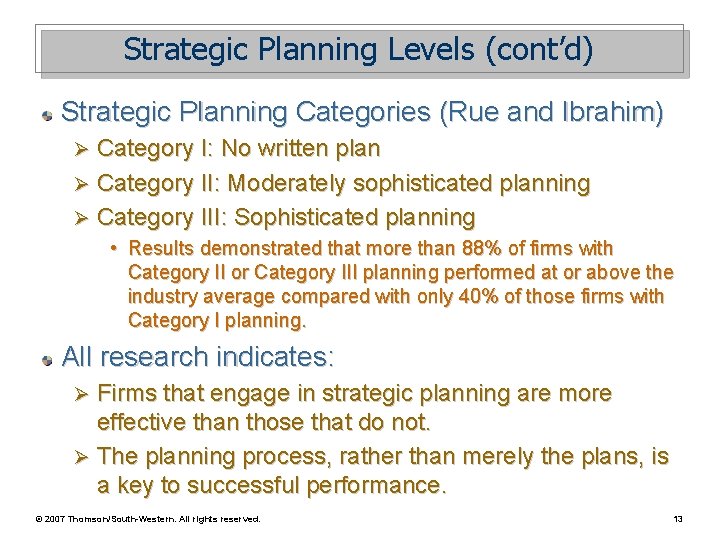 Strategic Planning Levels (cont’d) Strategic Planning Categories (Rue and Ibrahim) Category I: No written