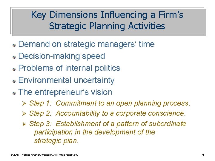 Key Dimensions Influencing a Firm’s Strategic Planning Activities Demand on strategic managers’ time Decision-making