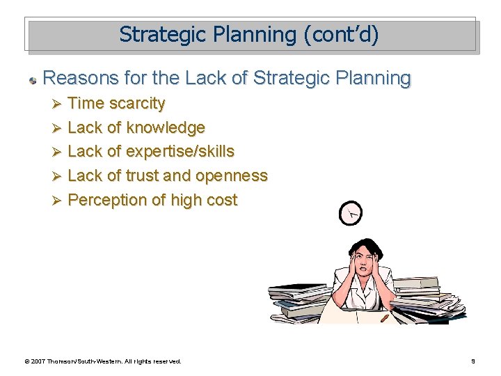 Strategic Planning (cont’d) Reasons for the Lack of Strategic Planning Time scarcity Ø Lack