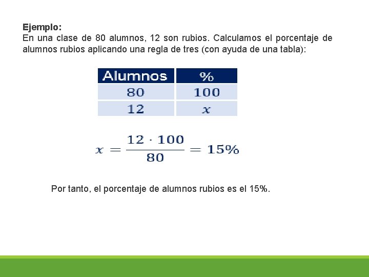 Ejemplo: En una clase de 80 alumnos, 12 son rubios. Calculamos el porcentaje de