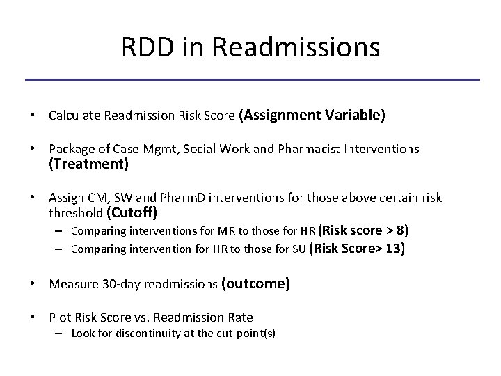 RDD in Readmissions • Calculate Readmission Risk Score (Assignment Variable) • Package of Case