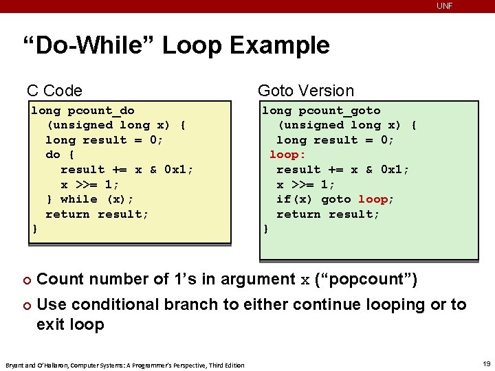 UNF “Do-While” Loop Example C Code long pcount_do (unsigned long x) { long result