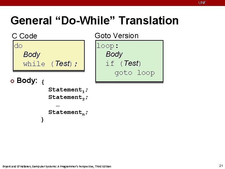 UNF General “Do-While” Translation C Code do Body while (Test); ¢ Body: { }