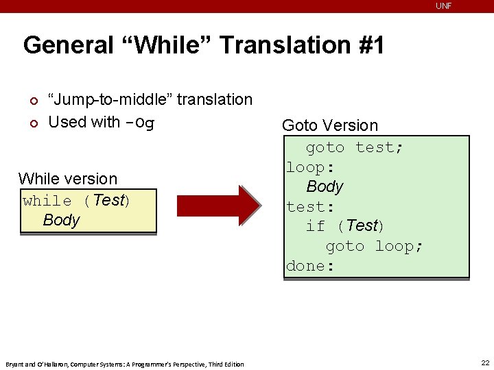 UNF General “While” Translation #1 ¢ ¢ “Jump-to-middle” translation Used with -Og While version
