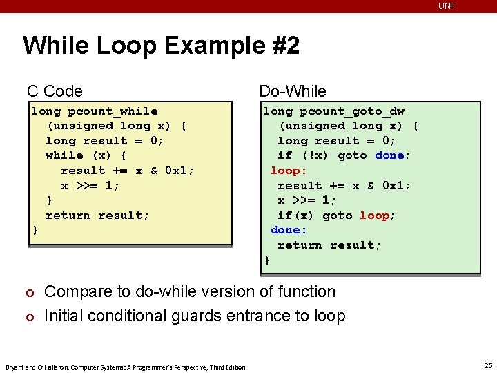 UNF While Loop Example #2 C Code long pcount_while (unsigned long x) { long