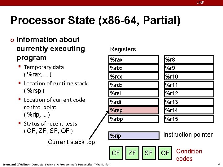 UNF Processor State (x 86 -64, Partial) ¢ Information about currently executing program Registers