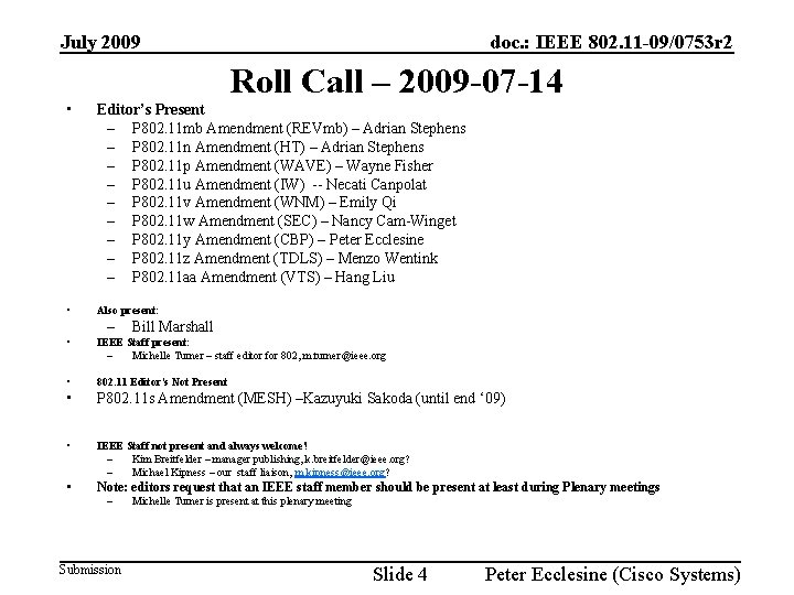 July 2009 doc. : IEEE 802. 11 -09/0753 r 2 Roll Call – 2009