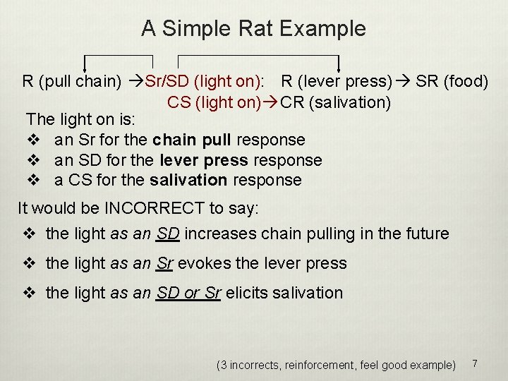 A Simple Rat Example R (pull chain) Sr/SD (light on): R (lever press) SR