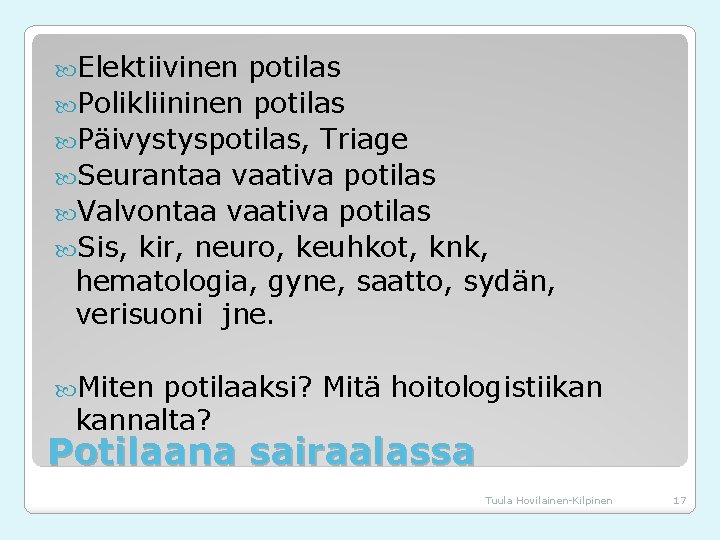  Elektiivinen potilas Polikliininen potilas Päivystyspotilas, Triage Seurantaa vaativa potilas Valvontaa vaativa potilas Sis,