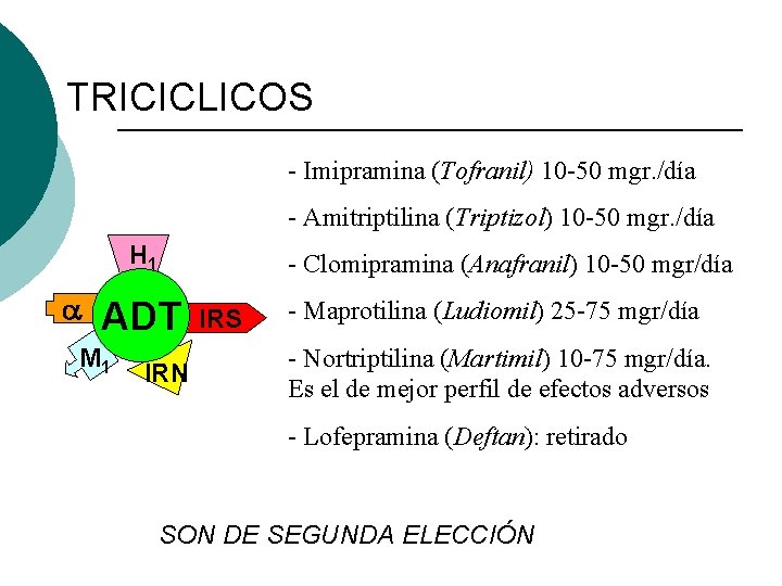 TRICICLICOS - Imipramina (Tofranil) 10 -50 mgr. /día - Amitriptilina (Triptizol) 10 -50 mgr.