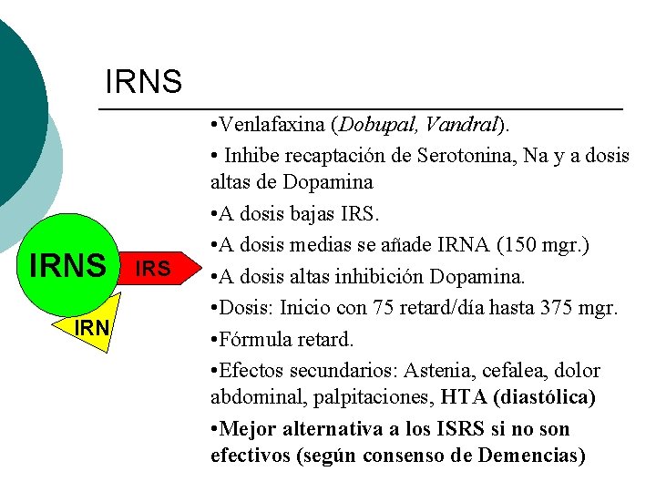 IRNS IRN IRS • Venlafaxina (Dobupal, Vandral). • Inhibe recaptación de Serotonina, Na y