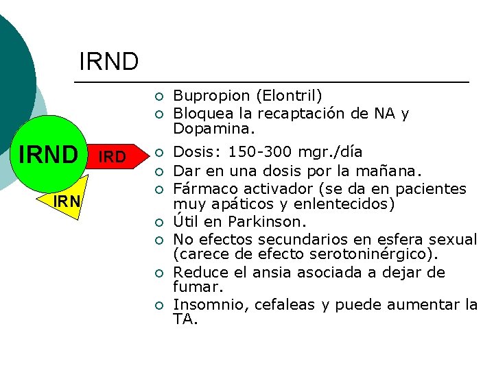 IRND ¡ ¡ IRND IRN IRD ¡ ¡ ¡ ¡ Bupropion (Elontril) Bloquea la