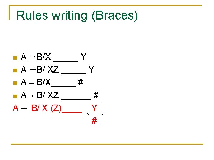 Rules writing (Braces) n n A A A B/X _____ Y B/ XZ _____ Rules writing (Braces) n n A A A B/X _____ Y B/ XZ _____