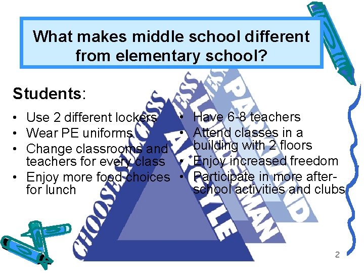 What makes middle school different from elementary school? Students: • Use 2 different lockers