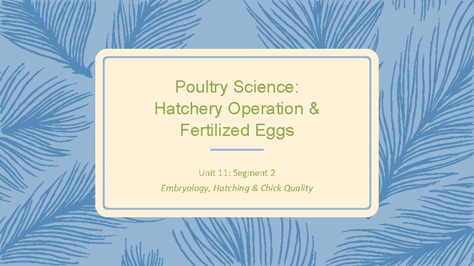 Poultry Science: Hatchery Operation & Fertilized Eggs Unit 11: Segment 2 Embryology, Hatching &