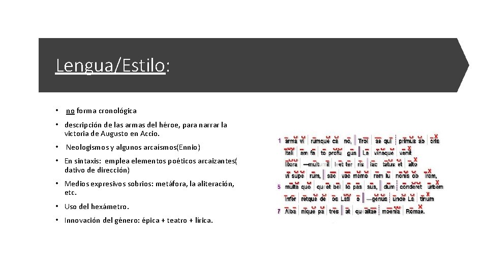 Lengua/Estilo: • no forma cronológica • descripción de las armas del héroe, para narrar