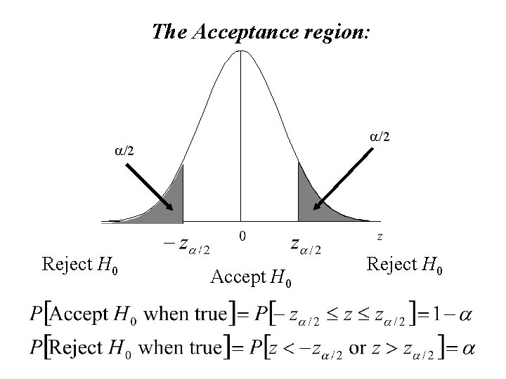 The Acceptance region: a/2 Reject H 0 Accept H 0 Reject H 0 