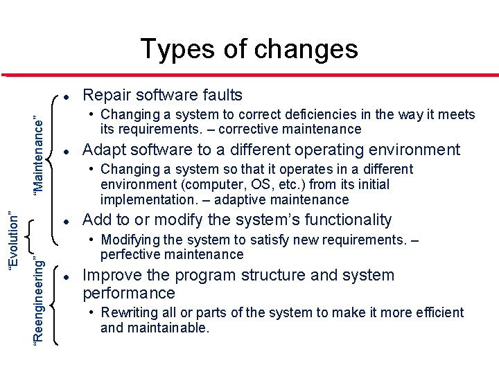 Types of changes Repair software faults • Changing a system to correct deficiencies in