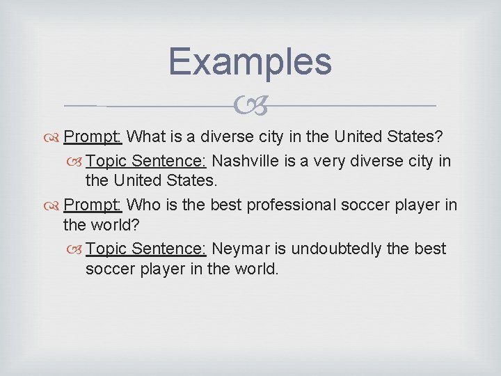 Examples Prompt: What is a diverse city in the United States? Topic Sentence: Nashville
