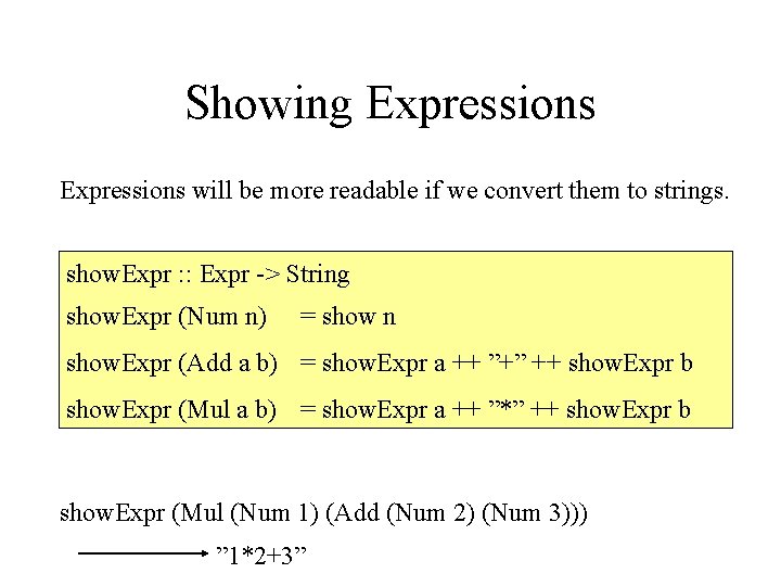 Showing Expressions will be more readable if we convert them to strings. show. Expr