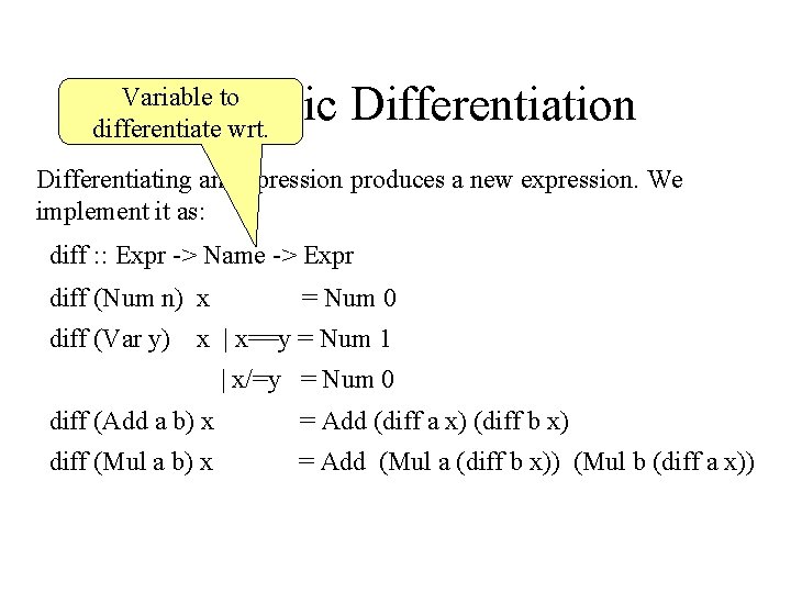 Symbolic Differentiation Variable to differentiate wrt. Differentiating an expression produces a new expression. We