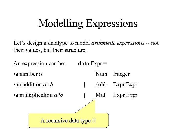 Modelling Expressions Let’s design a datatype to model arithmetic expressions -- not their values,
